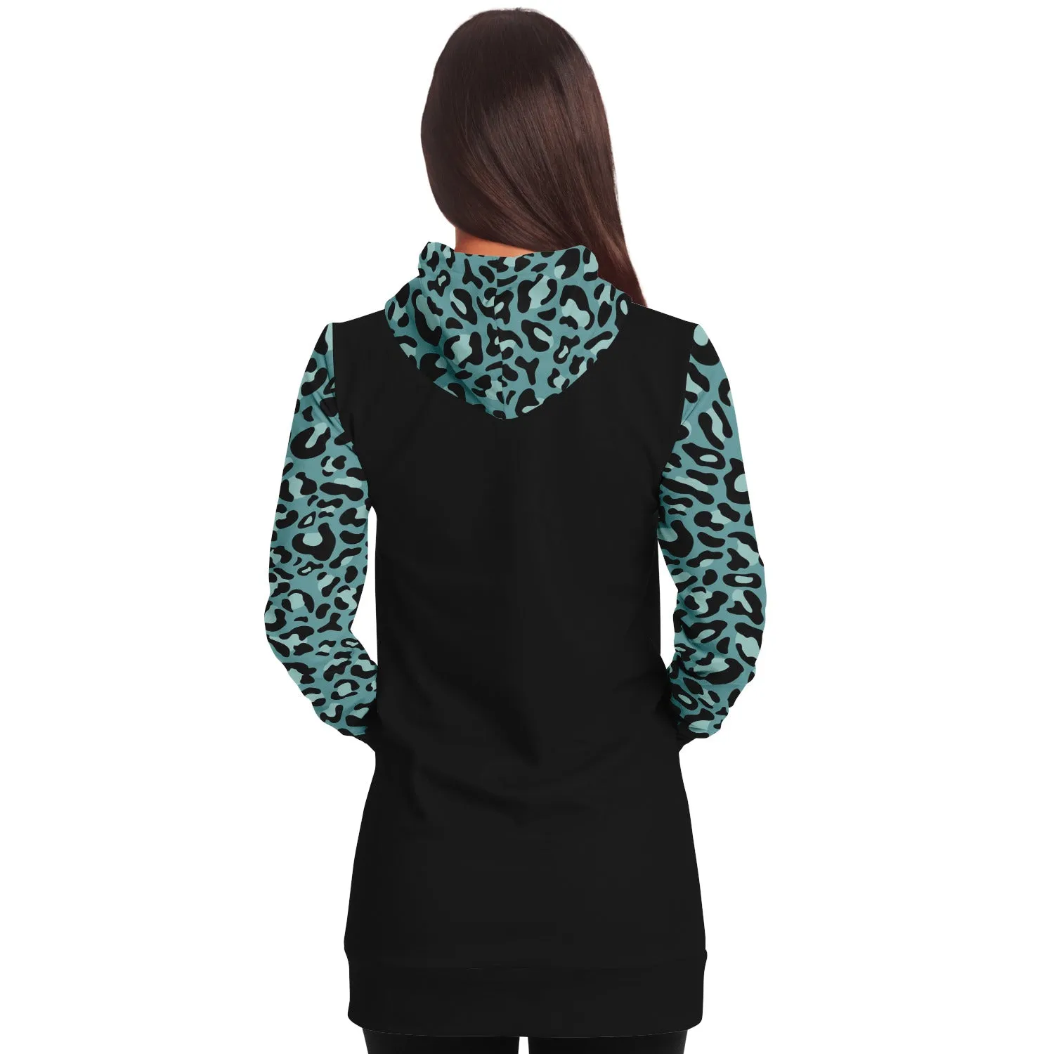 Black Longline Hoodie Dress With Minty Teal Leopard Print Contrast Sleeves, Pocket and Hood