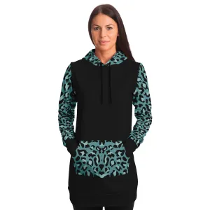 Black Longline Hoodie Dress With Minty Teal Leopard Print Contrast Sleeves, Pocket and Hood