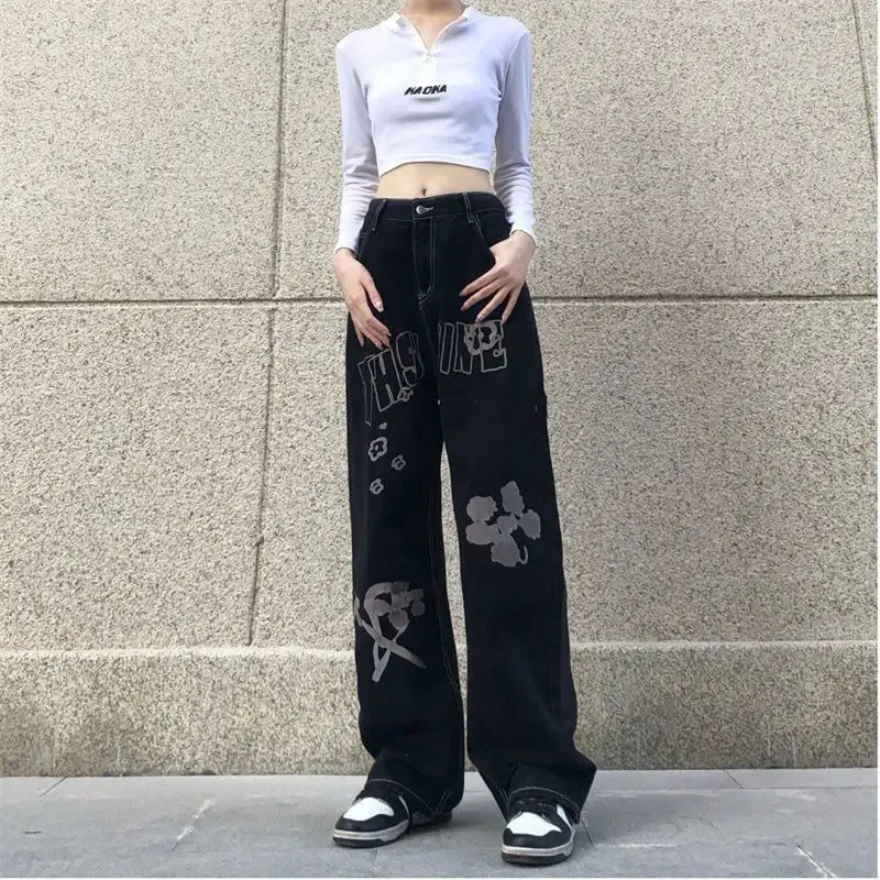 Black Printed Baggy Jeans