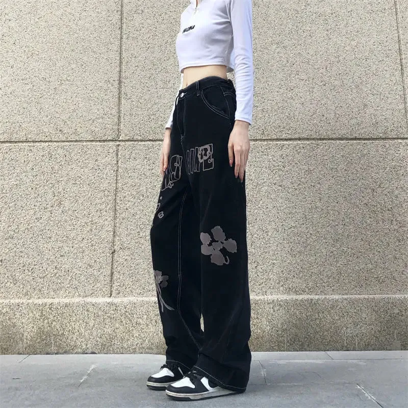 Black Printed Baggy Jeans