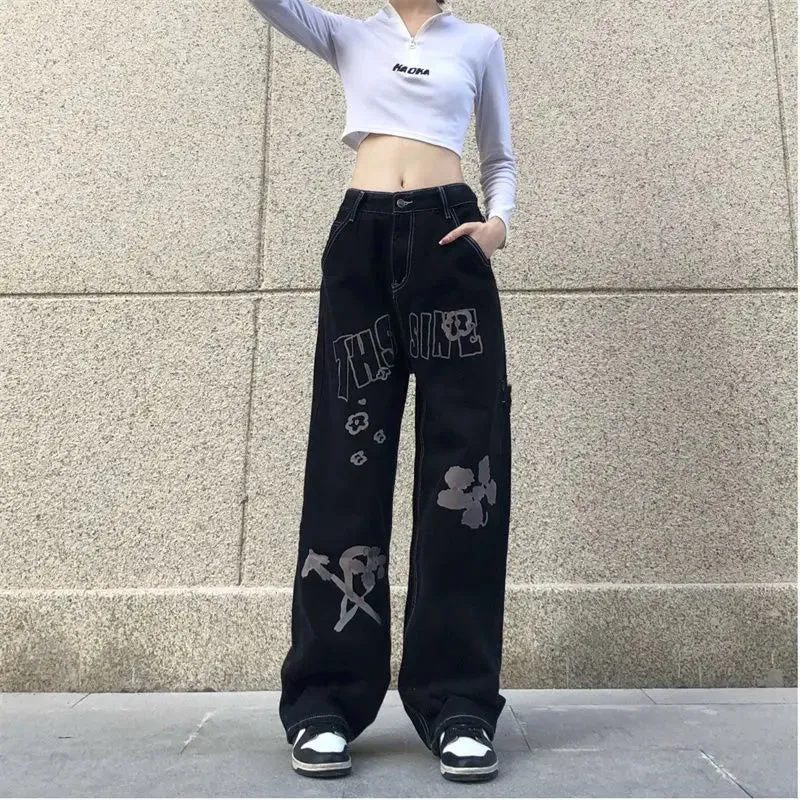 Black Printed Baggy Jeans