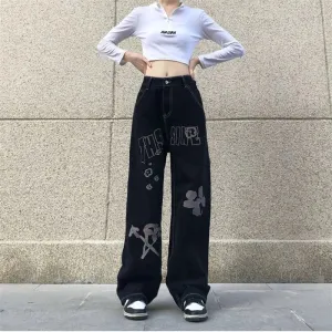 Black Printed Baggy Jeans
