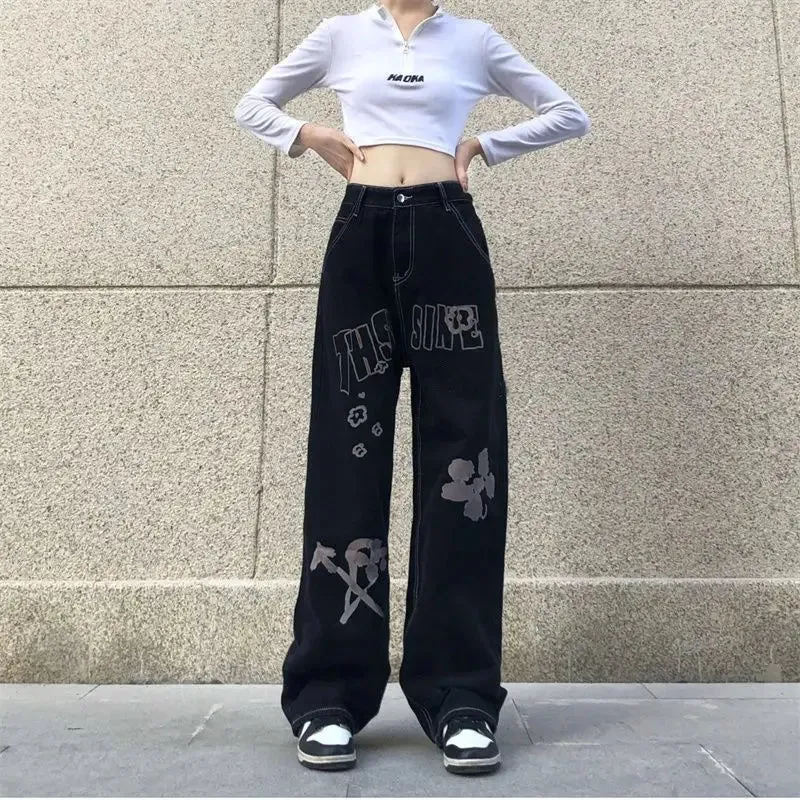 Black Printed Baggy Jeans