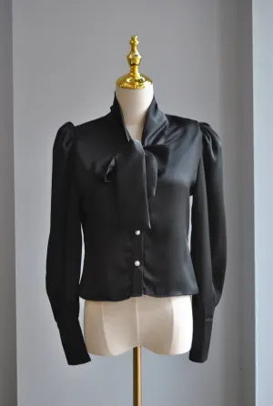 BLACK SILKY BLOUSE WITH TIE NECK