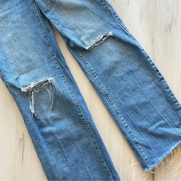 Blank NYC Great Jones Distressed Raw Hem Ripped Baggy Straight High Rise Jeans