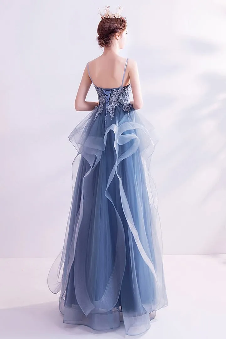 Blue A-line Layered Long Formal Dress