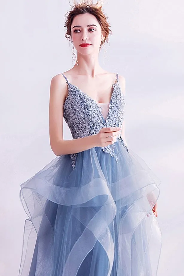 Blue A-line Layered Long Formal Dress