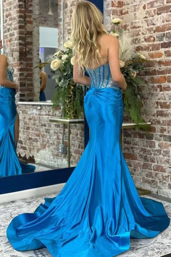 Blue Satin Mermaid Strapless Sweetheart Beaded Prom Dresses With Slit, SLP057