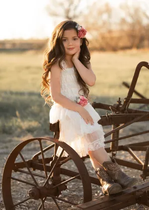 Bohemian Ivory Layered Lace Flower Girl Dress