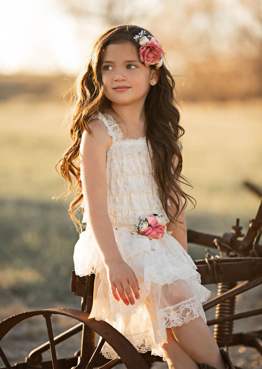 Bohemian Ivory Layered Lace Flower Girl Dress