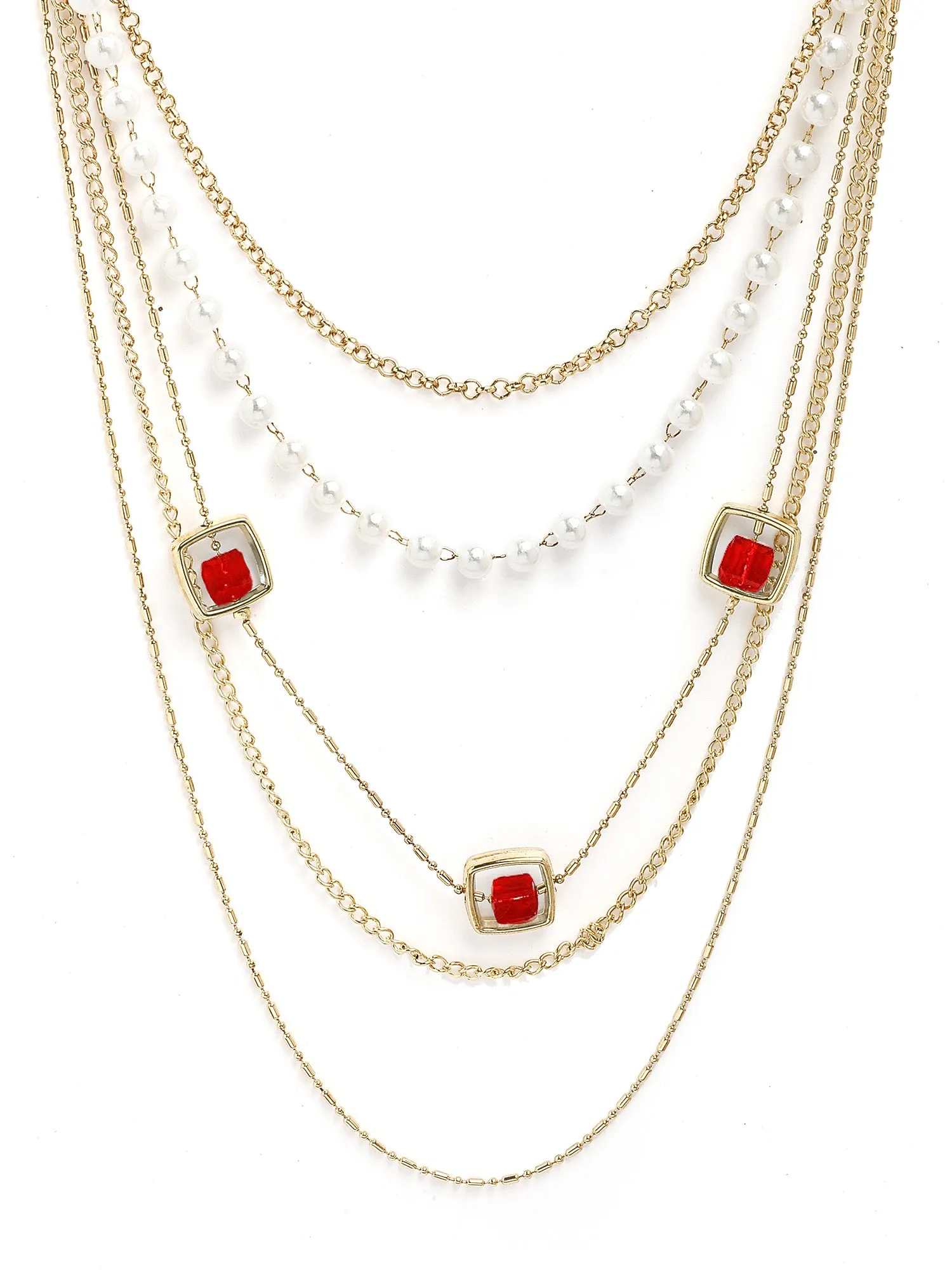 Bohey by KARATCART Gold-Plated Red Stone Multilayer Chain Necklace for Women