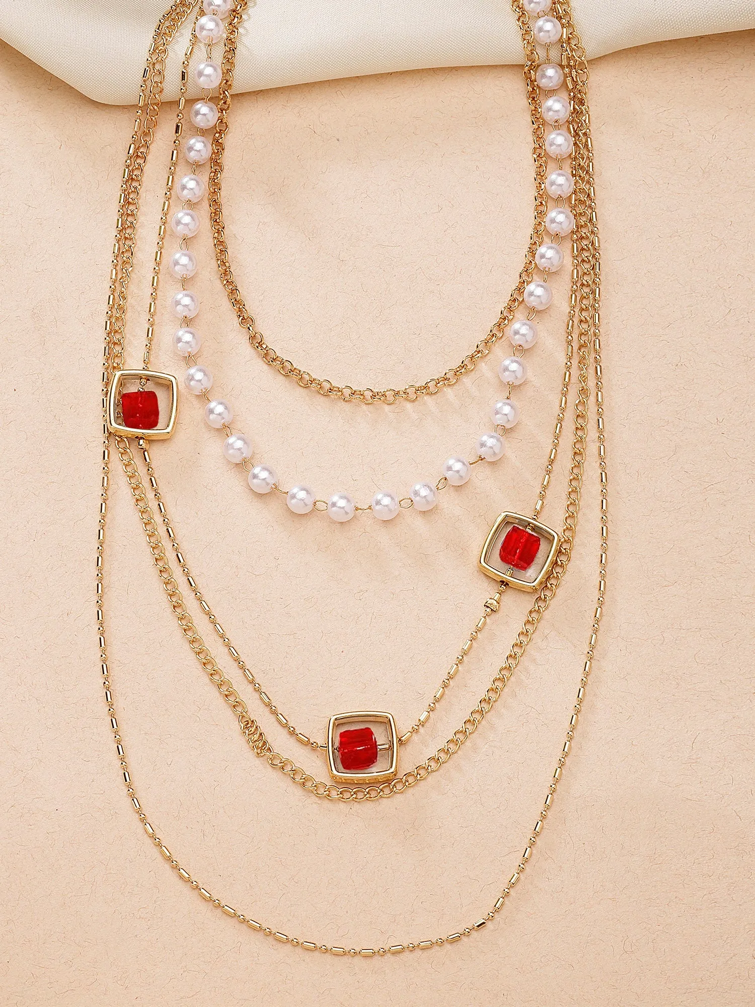 Bohey by KARATCART Gold-Plated Red Stone Multilayer Chain Necklace for Women
