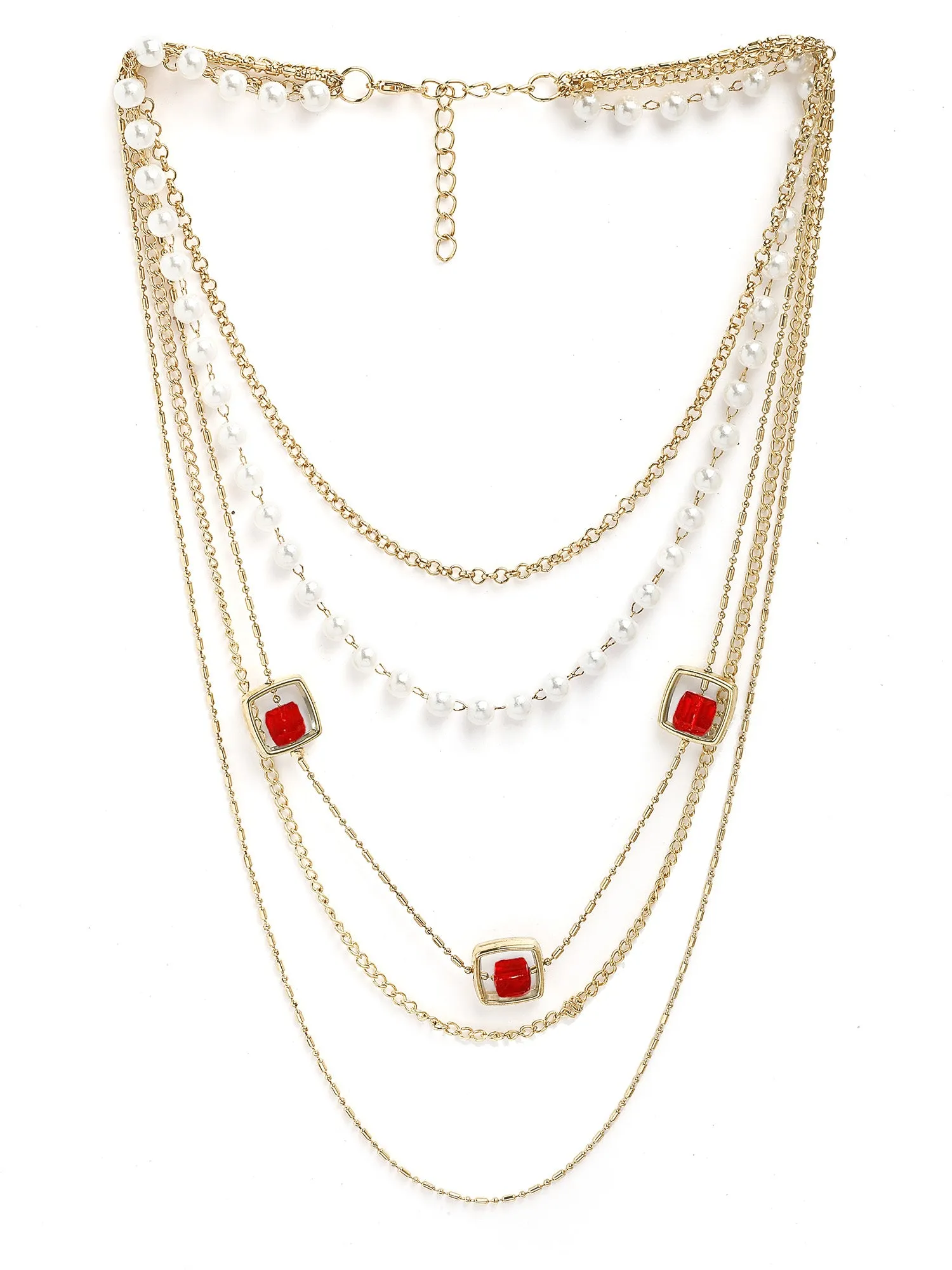 Bohey by KARATCART Gold-Plated Red Stone Multilayer Chain Necklace for Women