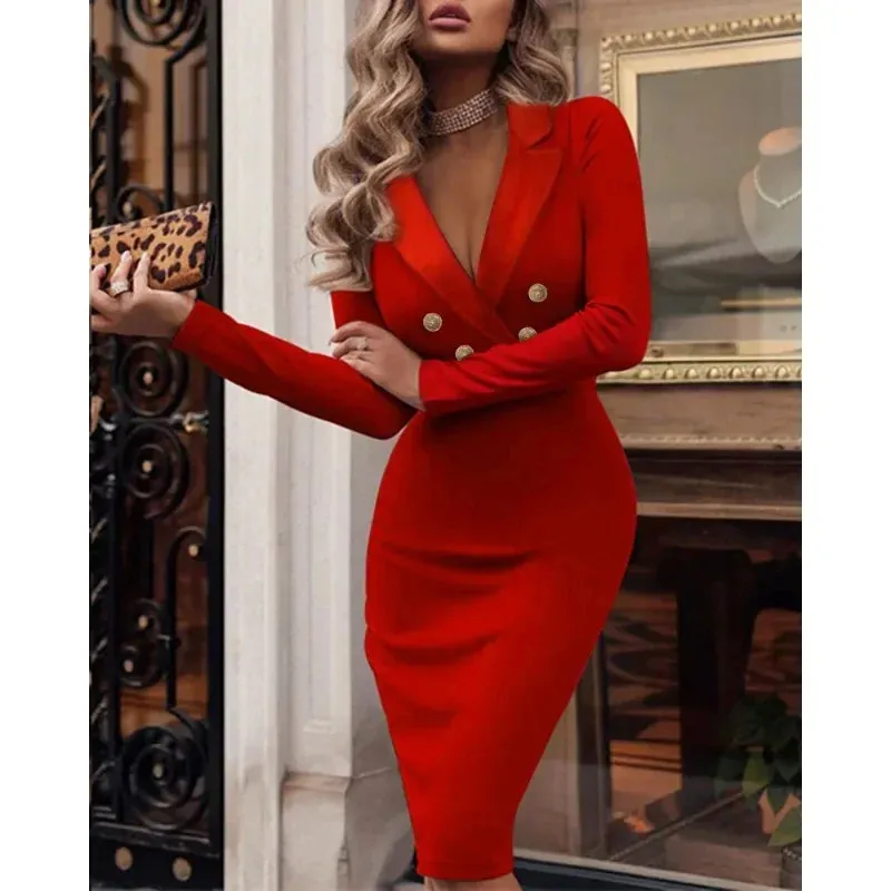 Business Suit V-Neck Double Breasted Dress