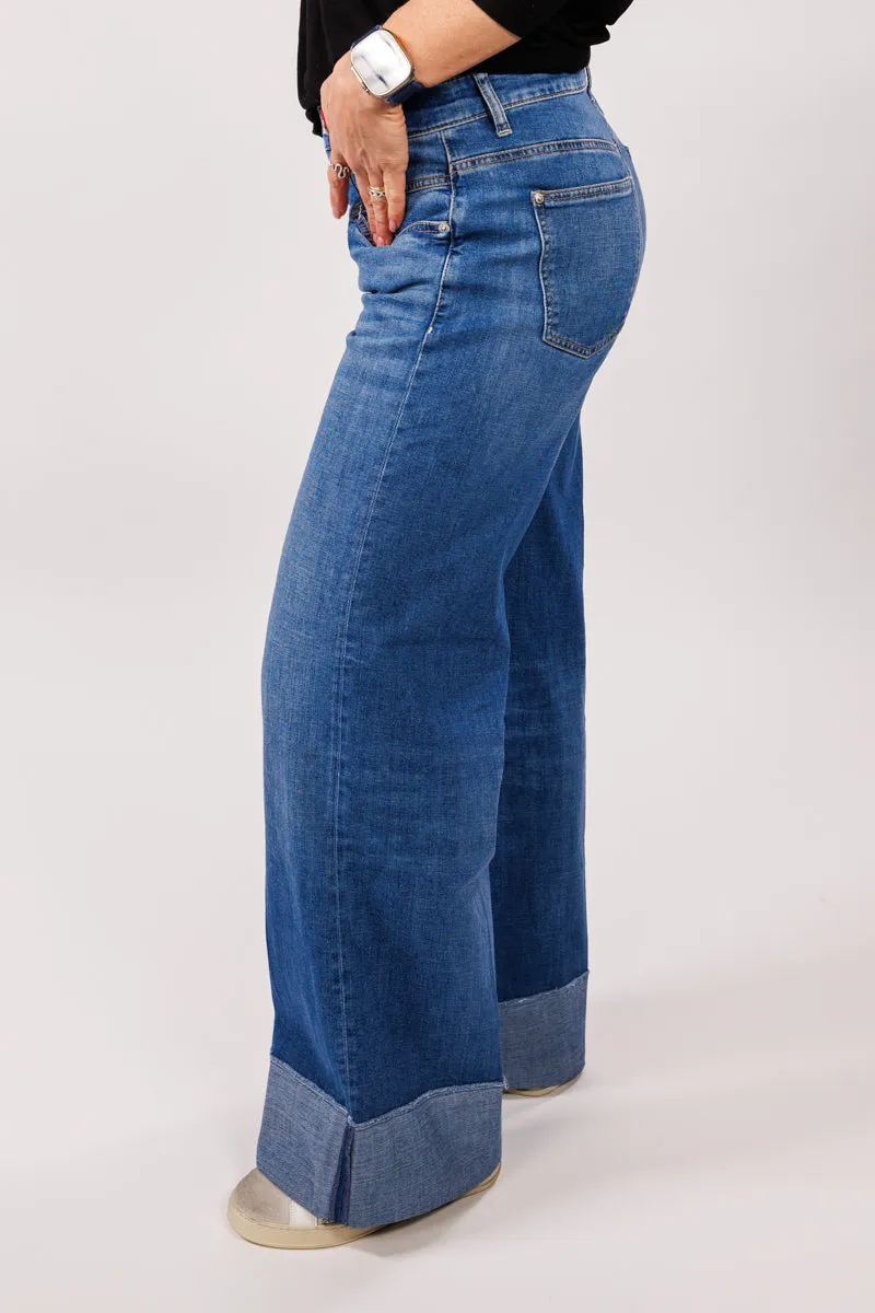 Cambio Antonia blå jeans med påsydd oppbrett nederst og vide rette ben