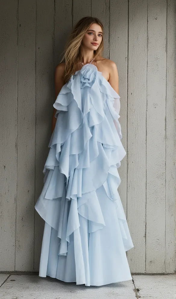 Caysie Halter Floral Ruffle Layered Maxi Dress in Blue