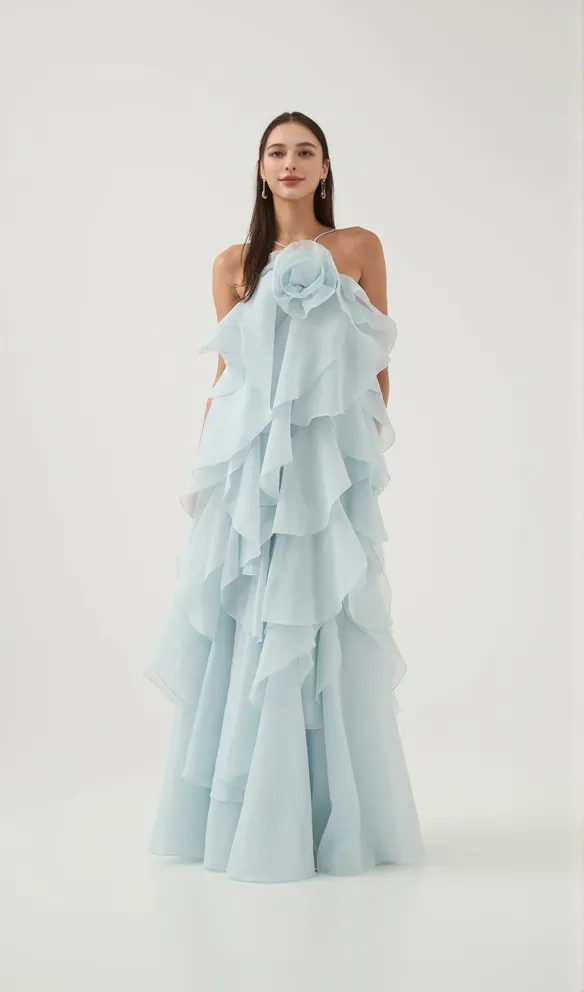 Caysie Halter Floral Ruffle Layered Maxi Dress in Blue