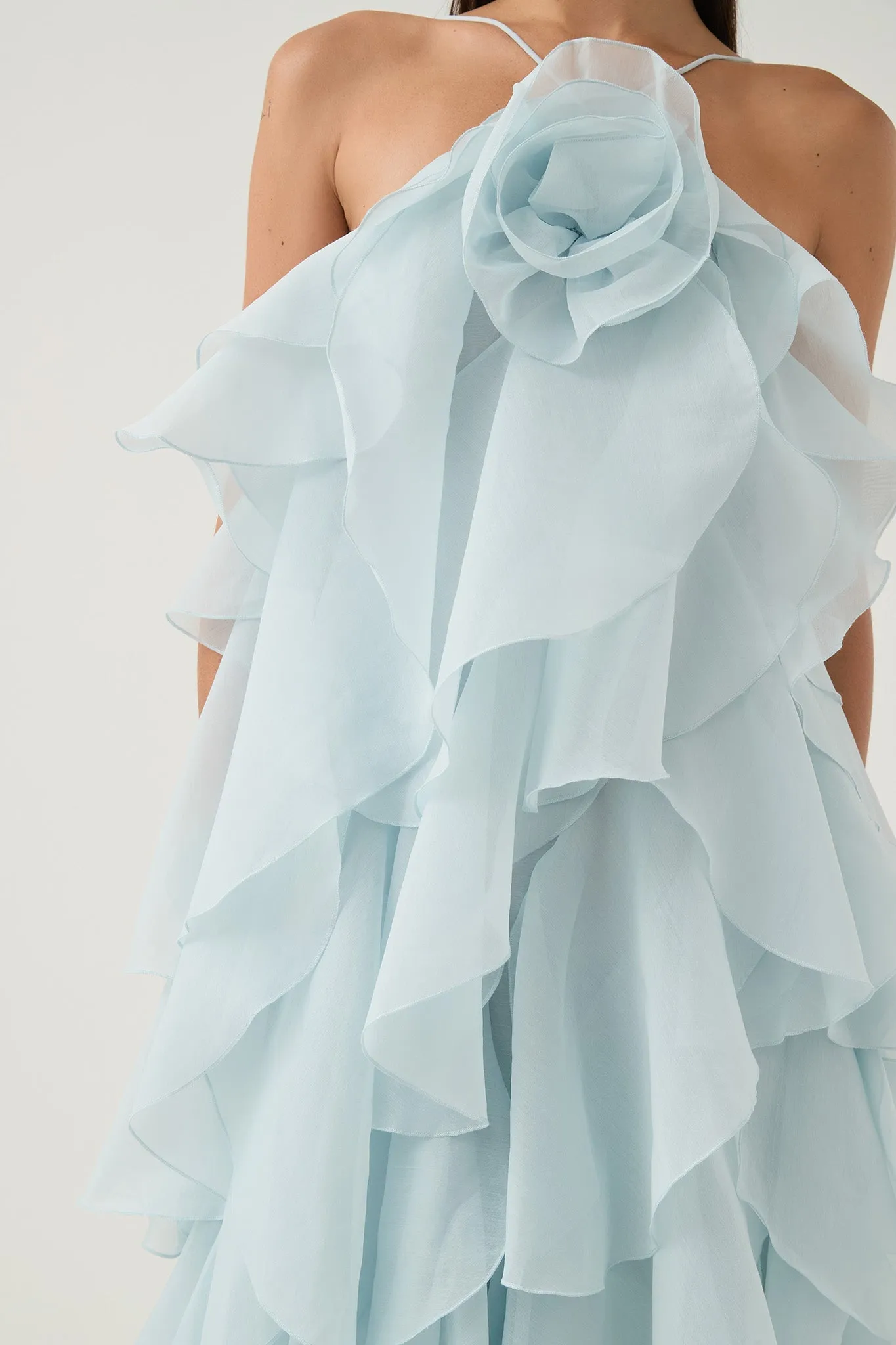 Caysie Halter Floral Ruffle Layered Maxi Dress in Blue