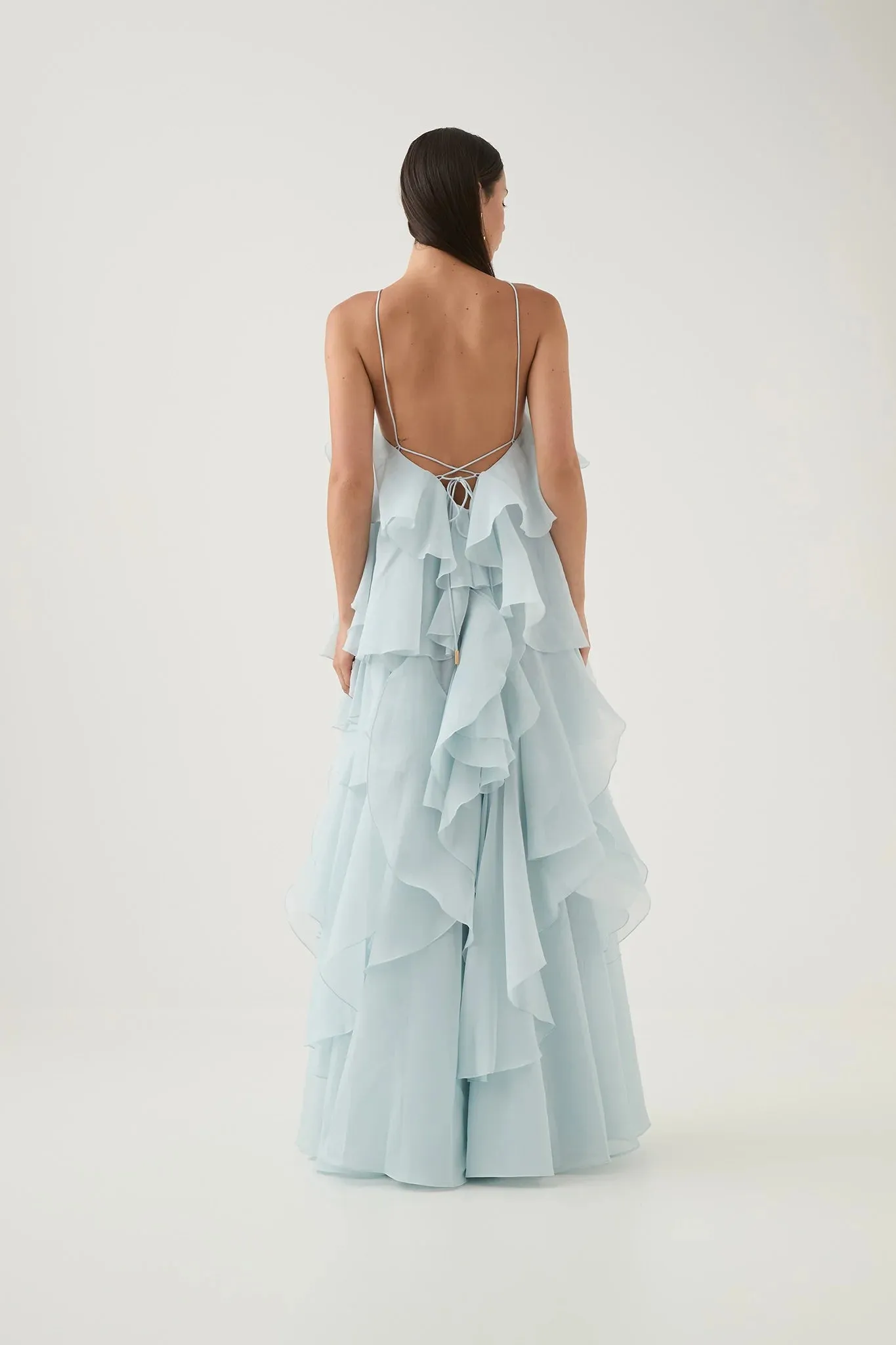 Caysie Halter Floral Ruffle Layered Maxi Dress in Blue