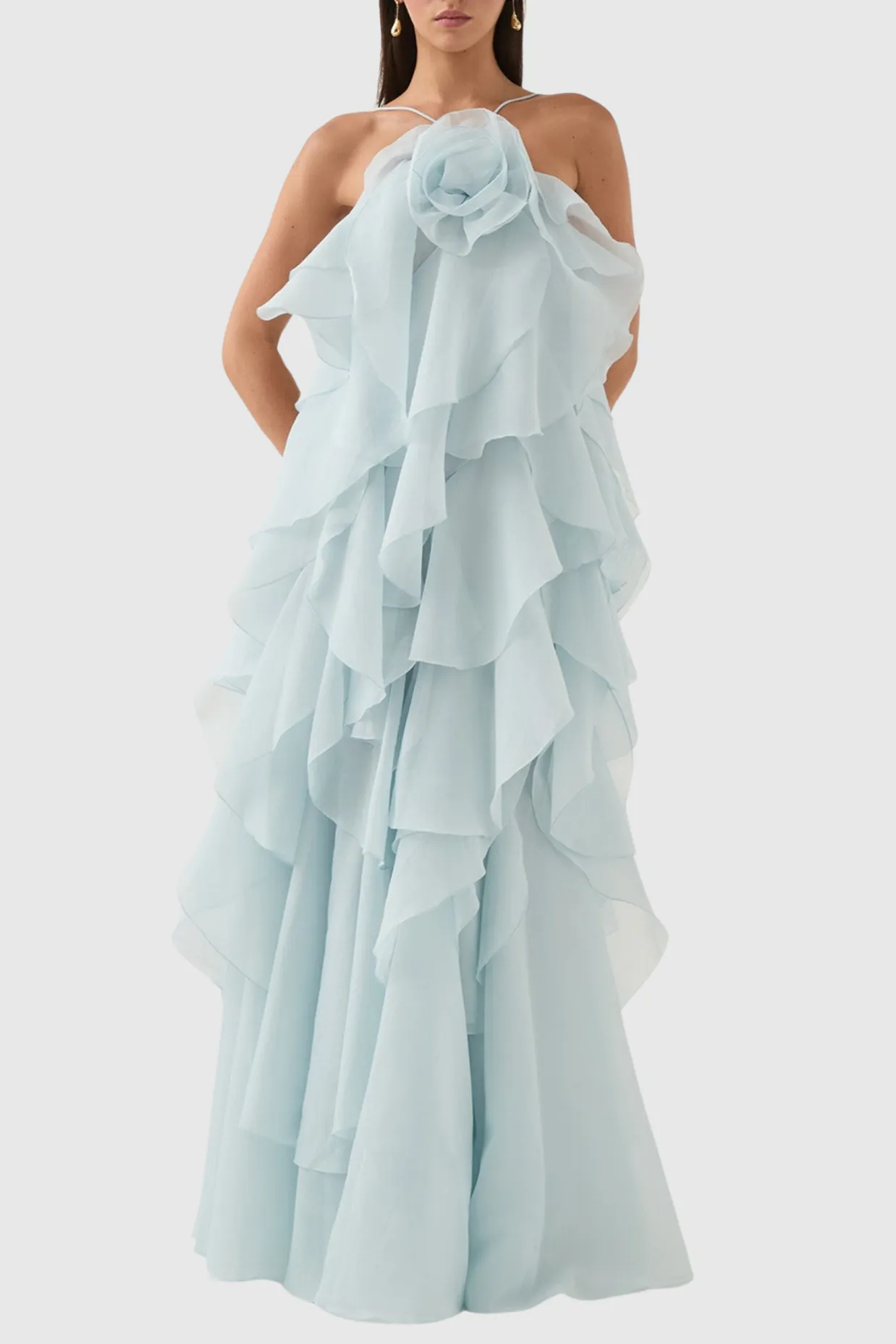 Caysie Halter Floral Ruffle Layered Maxi Dress in Blue