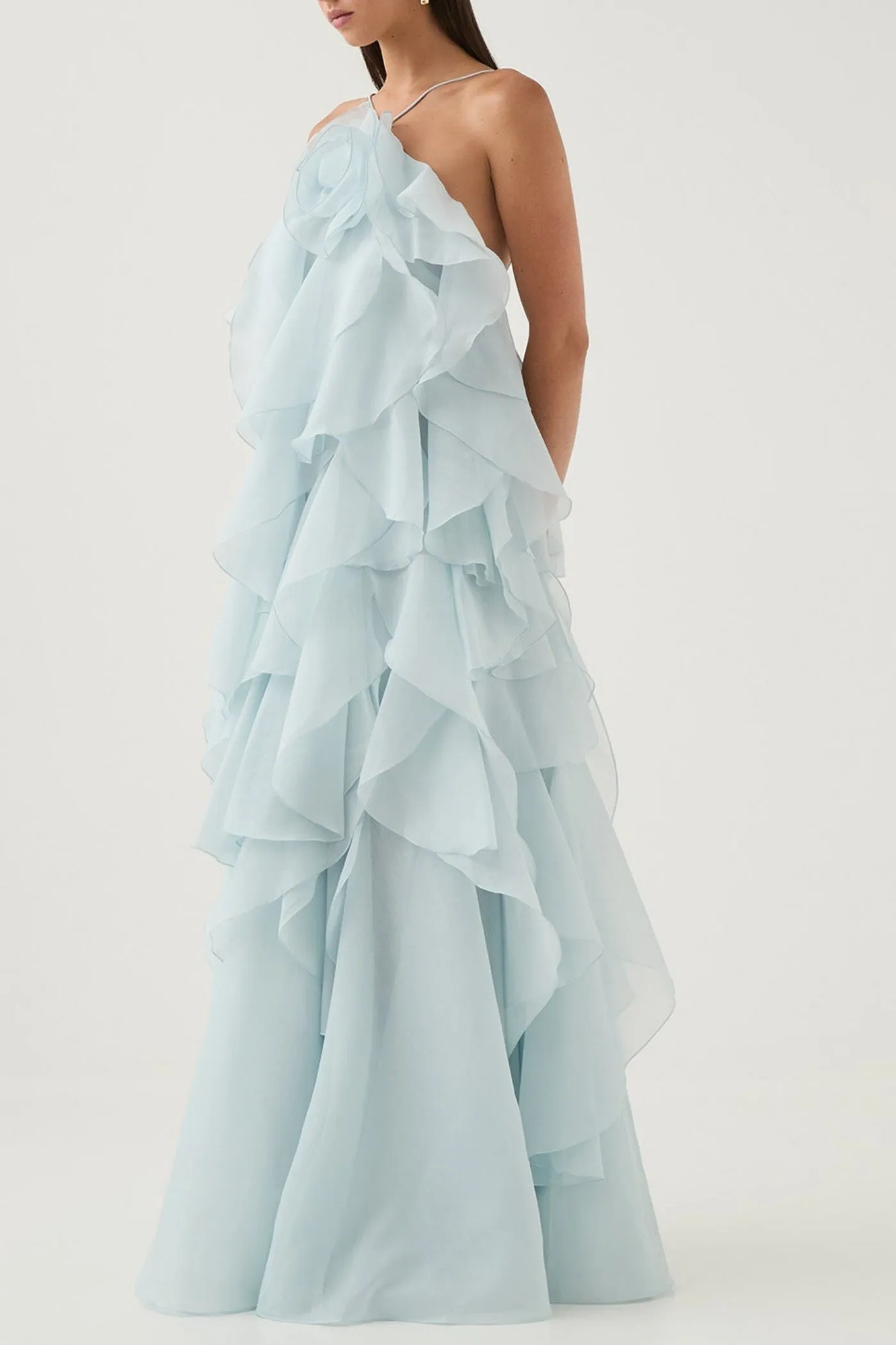 Caysie Halter Floral Ruffle Layered Maxi Dress in Blue