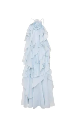 Caysie Halter Floral Ruffle Layered Maxi Dress in Blue