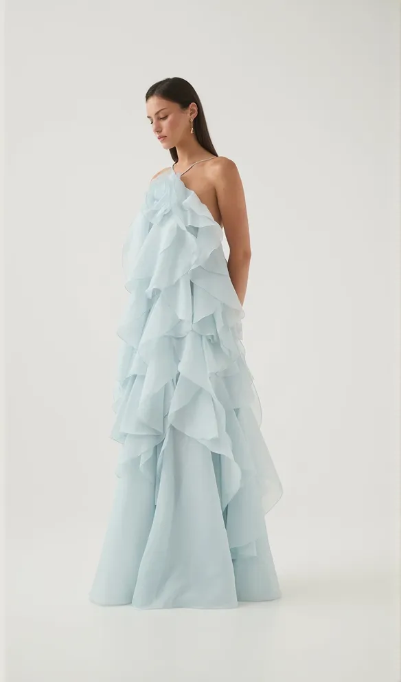 Caysie Halter Floral Ruffle Layered Maxi Dress in Blue