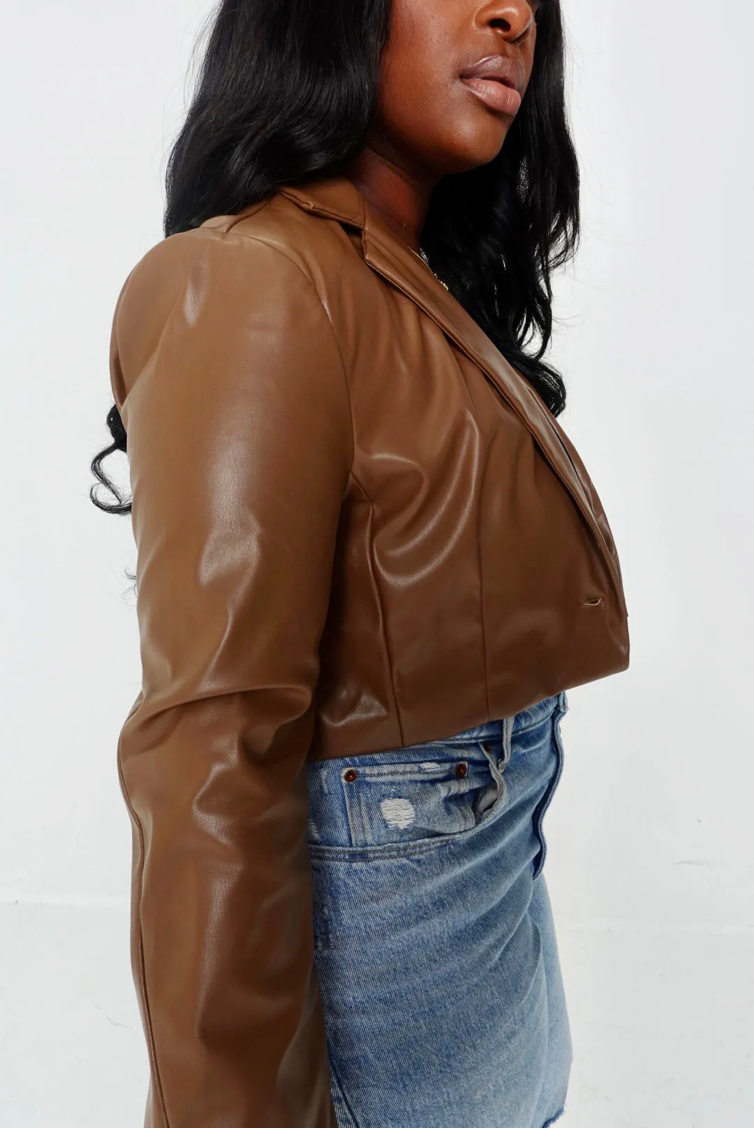 Chestnut PU Cropped Leather Blazer