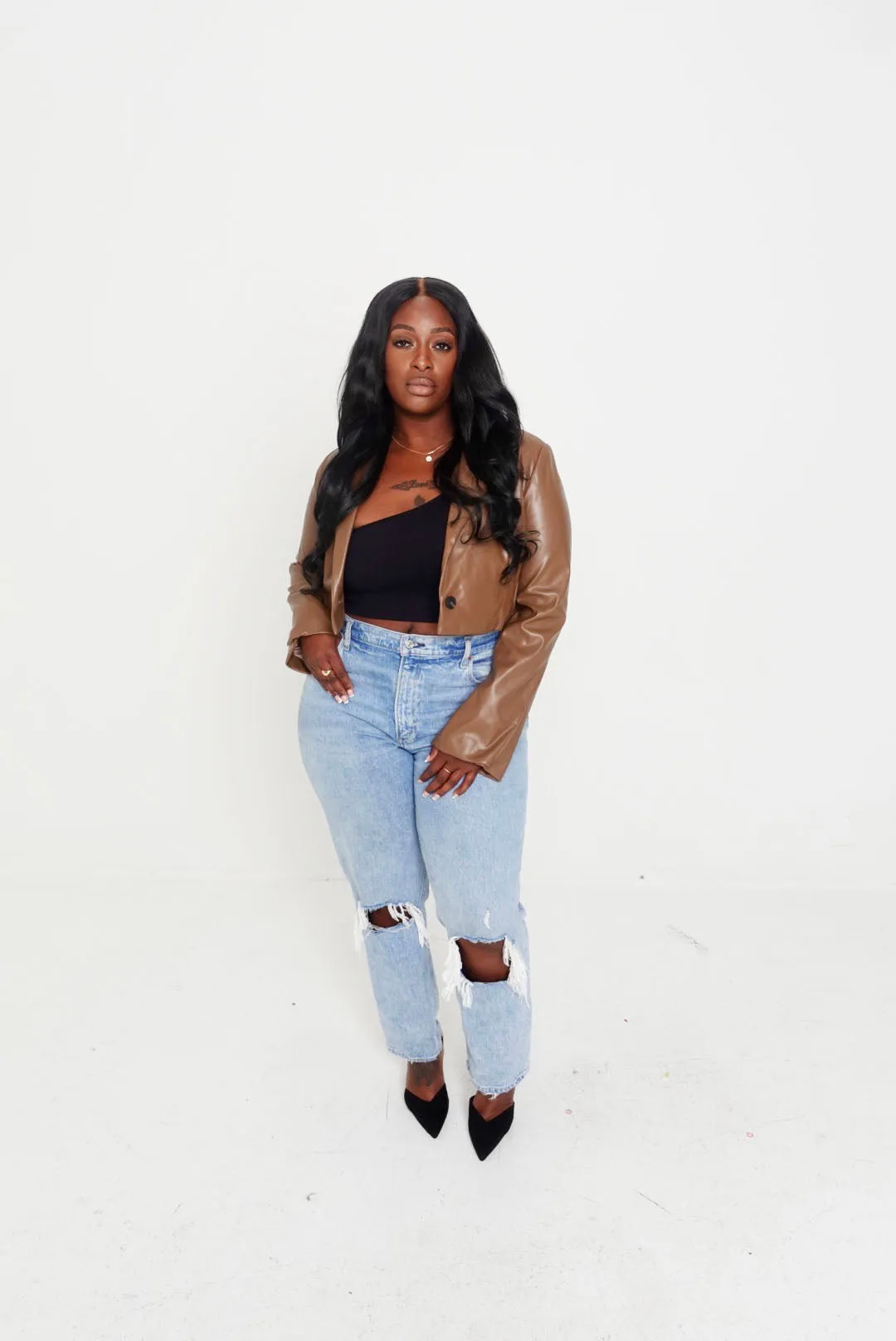 Chestnut PU Cropped Leather Blazer