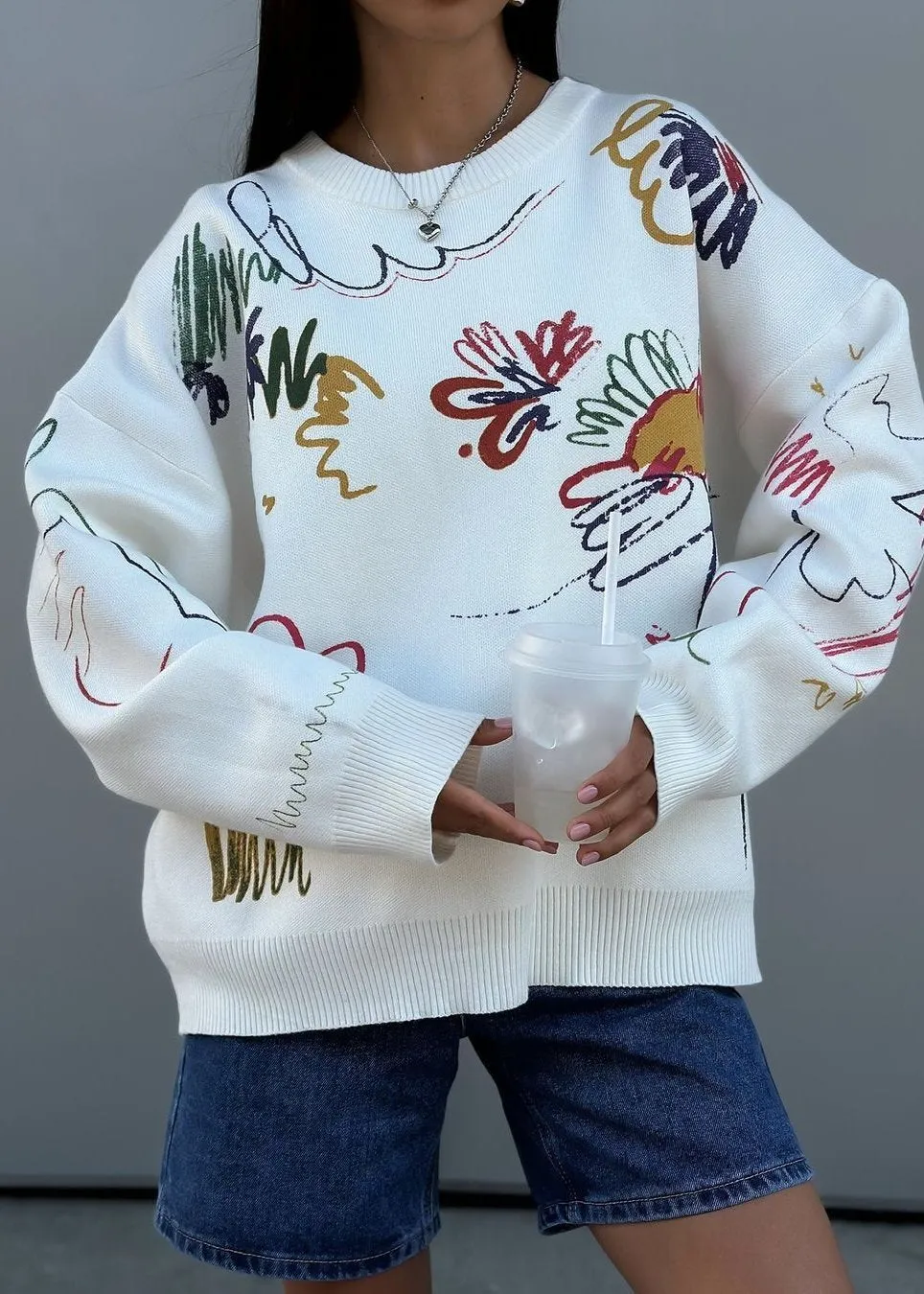 Colorful Abstract Print Crew Neck Oversized Sweater