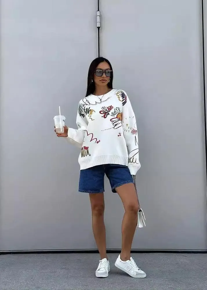 Colorful Abstract Print Crew Neck Oversized Sweater