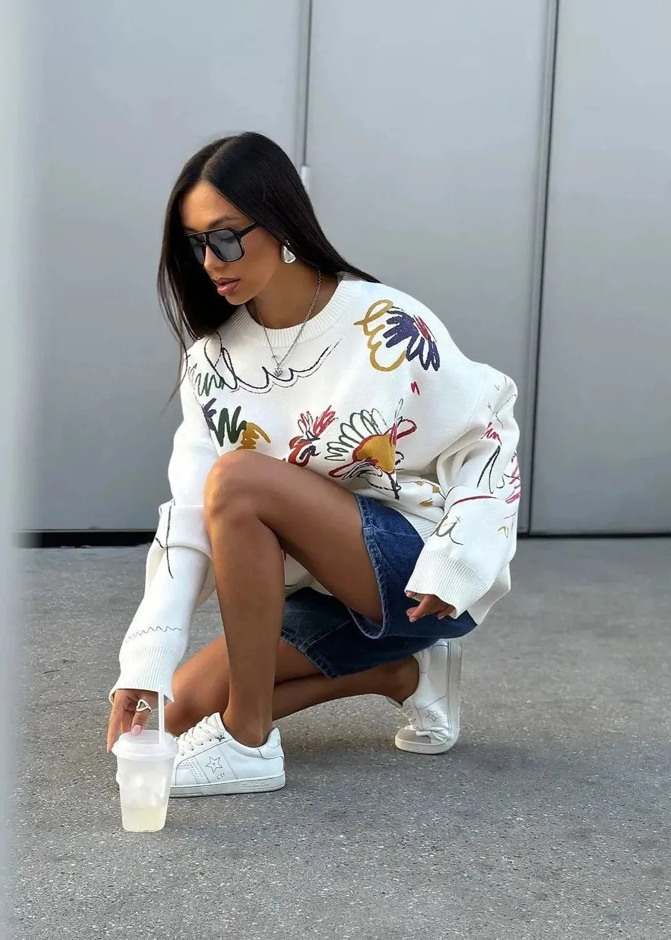 Colorful Abstract Print Crew Neck Oversized Sweater