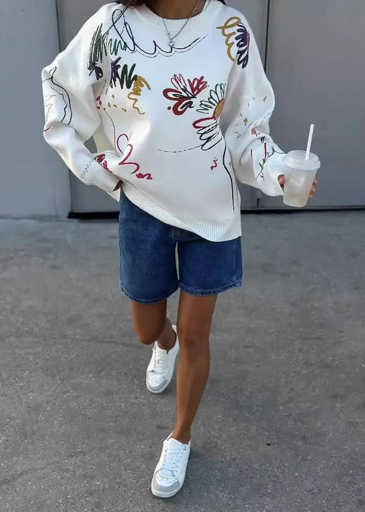 Colorful Abstract Print Crew Neck Oversized Sweater