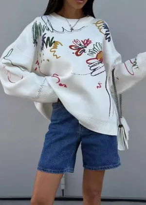 Colorful Abstract Print Crew Neck Oversized Sweater