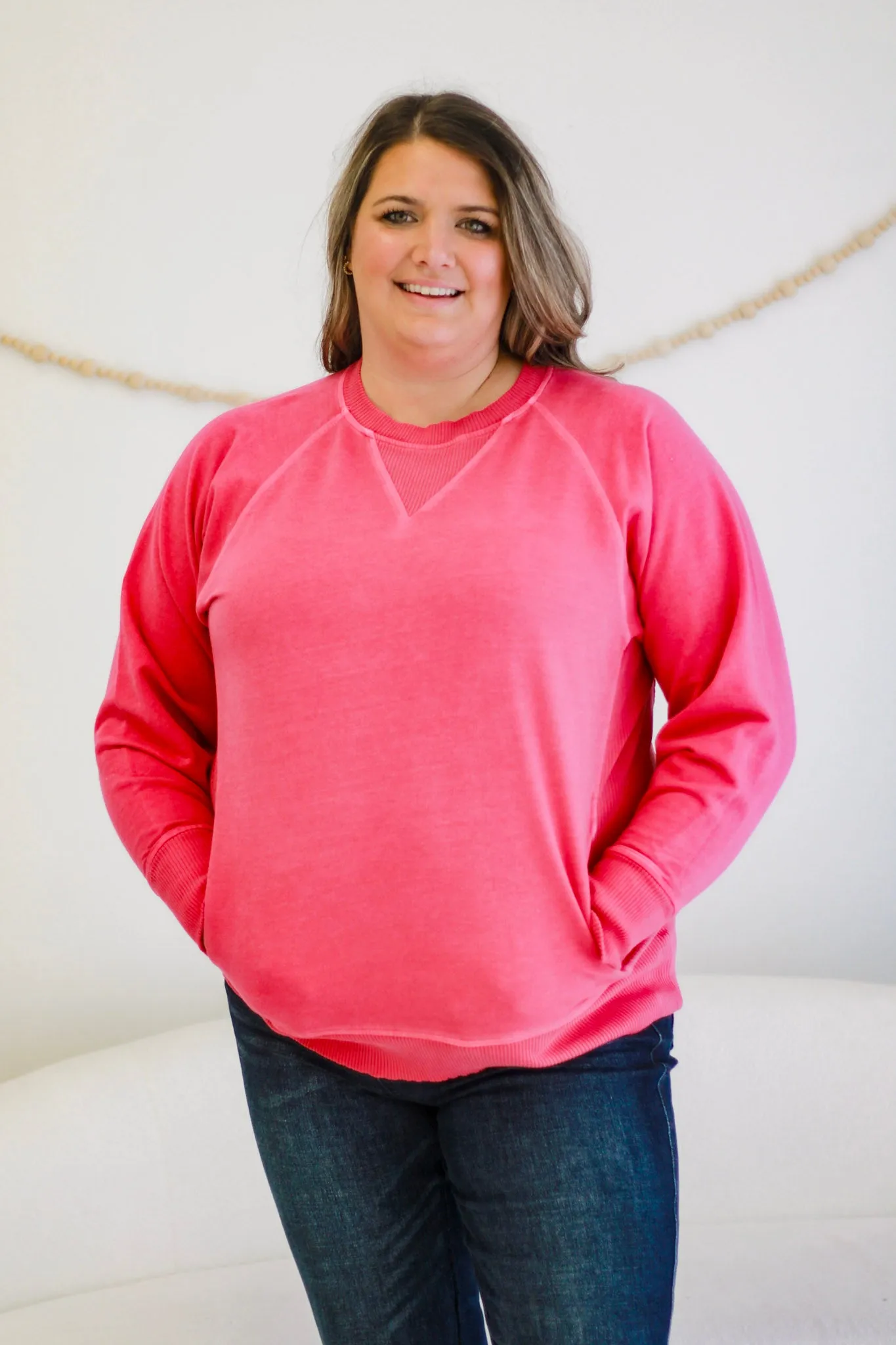 Come A Long Way Acid Wash Sweatshirt in Hot Pink
