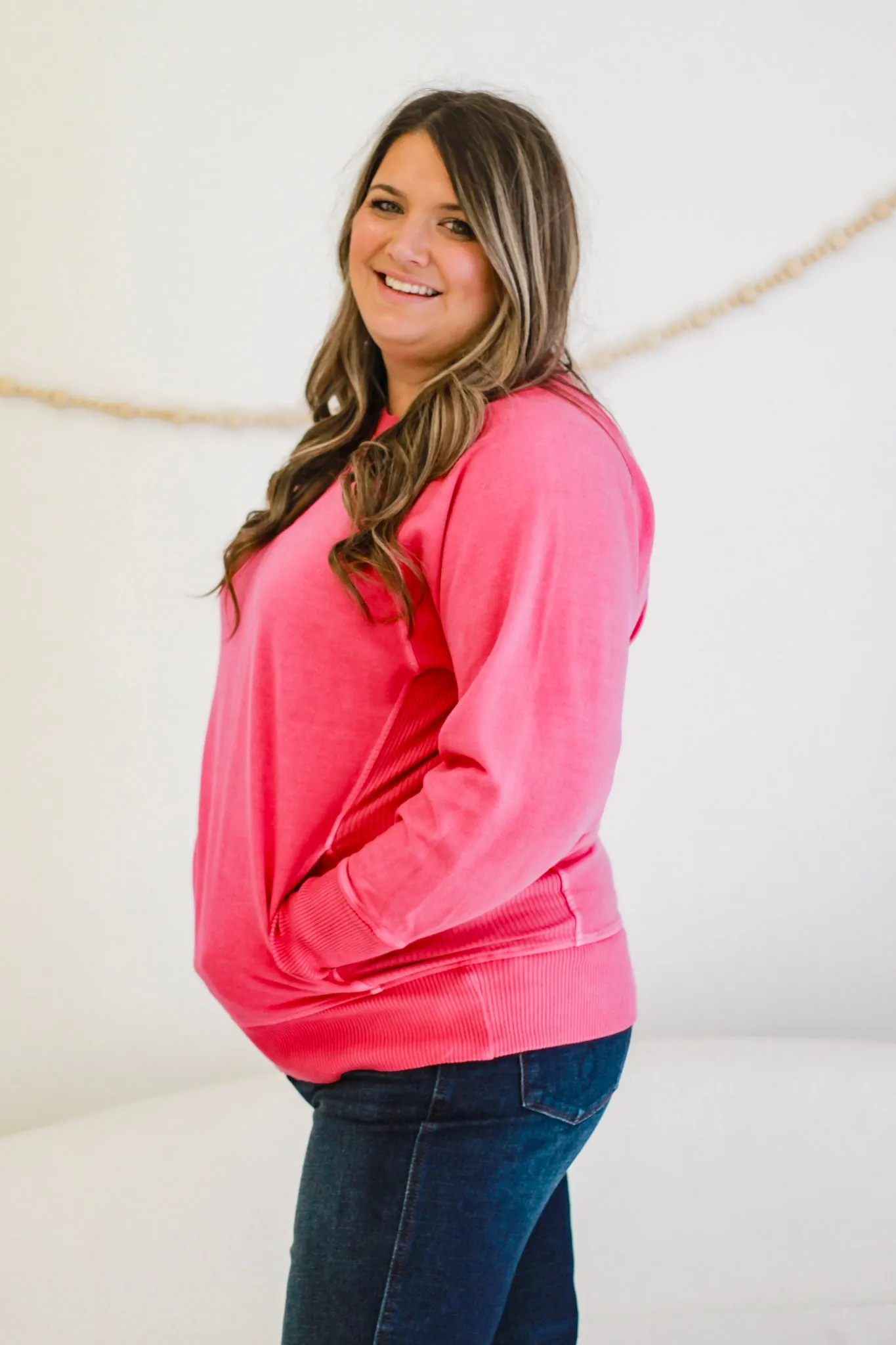 Come A Long Way Acid Wash Sweatshirt in Hot Pink