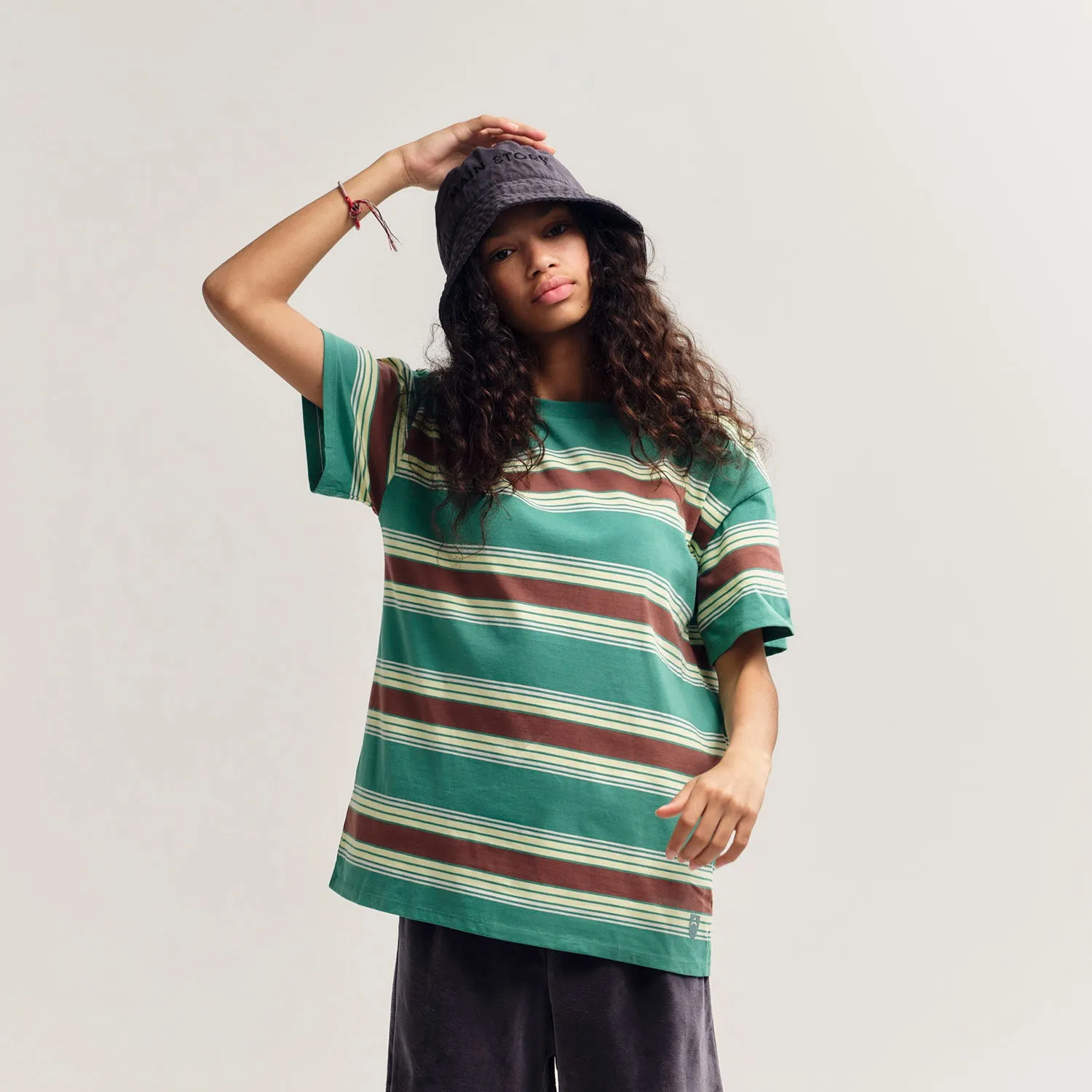 Cotton Loose Tee - Bottle Green Stripe