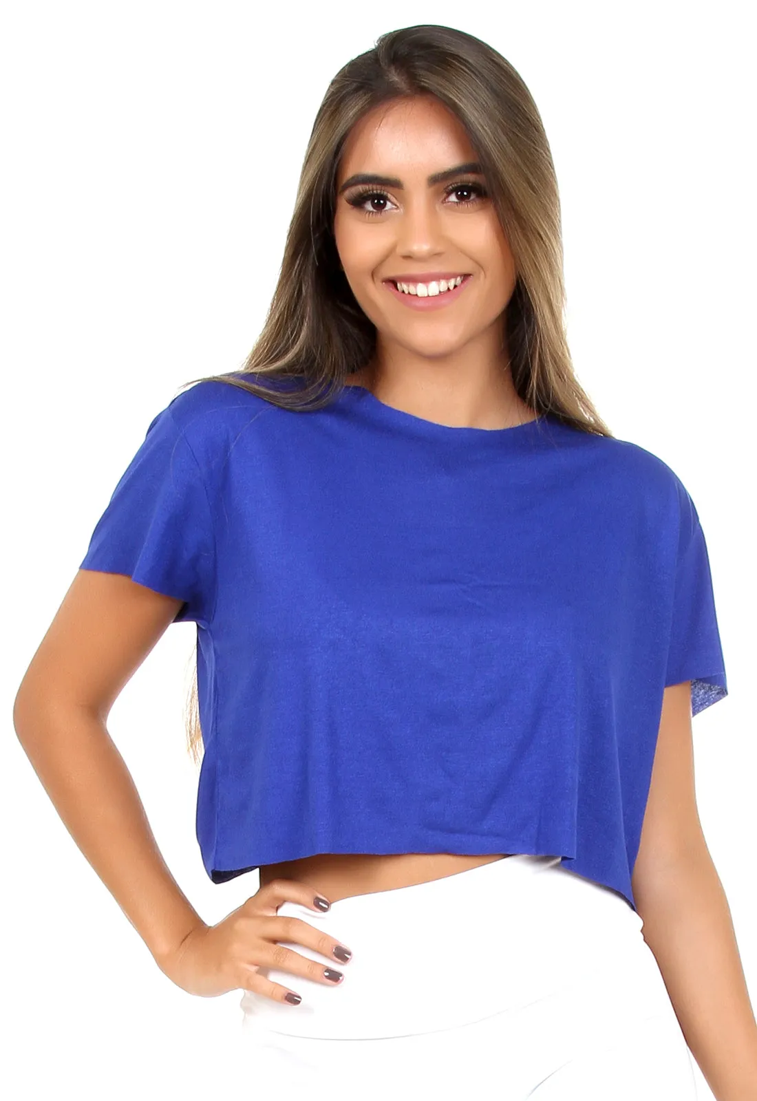 Cropped De Viscolycra Azul  Feminina Fitness Lisa
