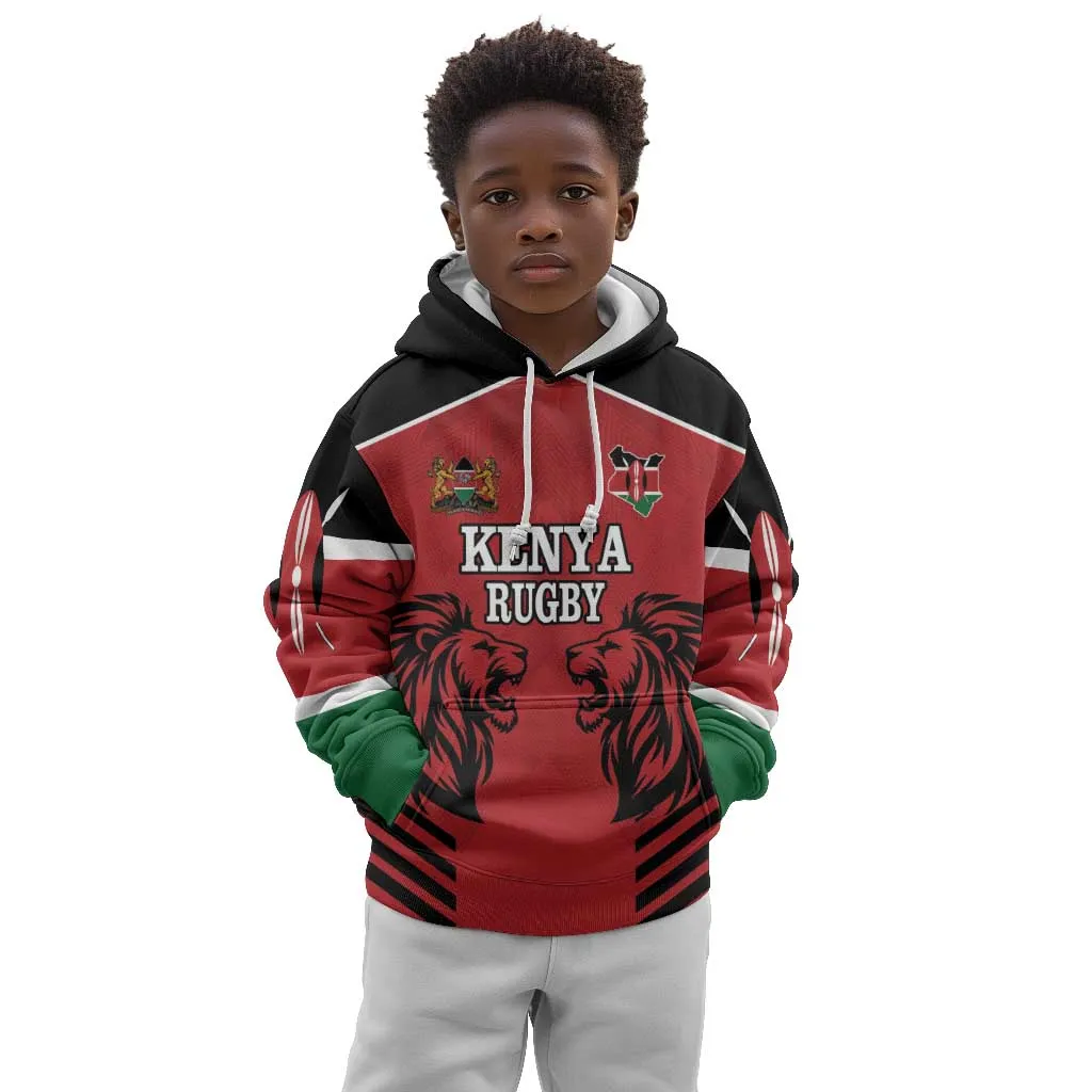 Custom Afro Kenya Rugby Kid Hoodie African Lion Head LT18