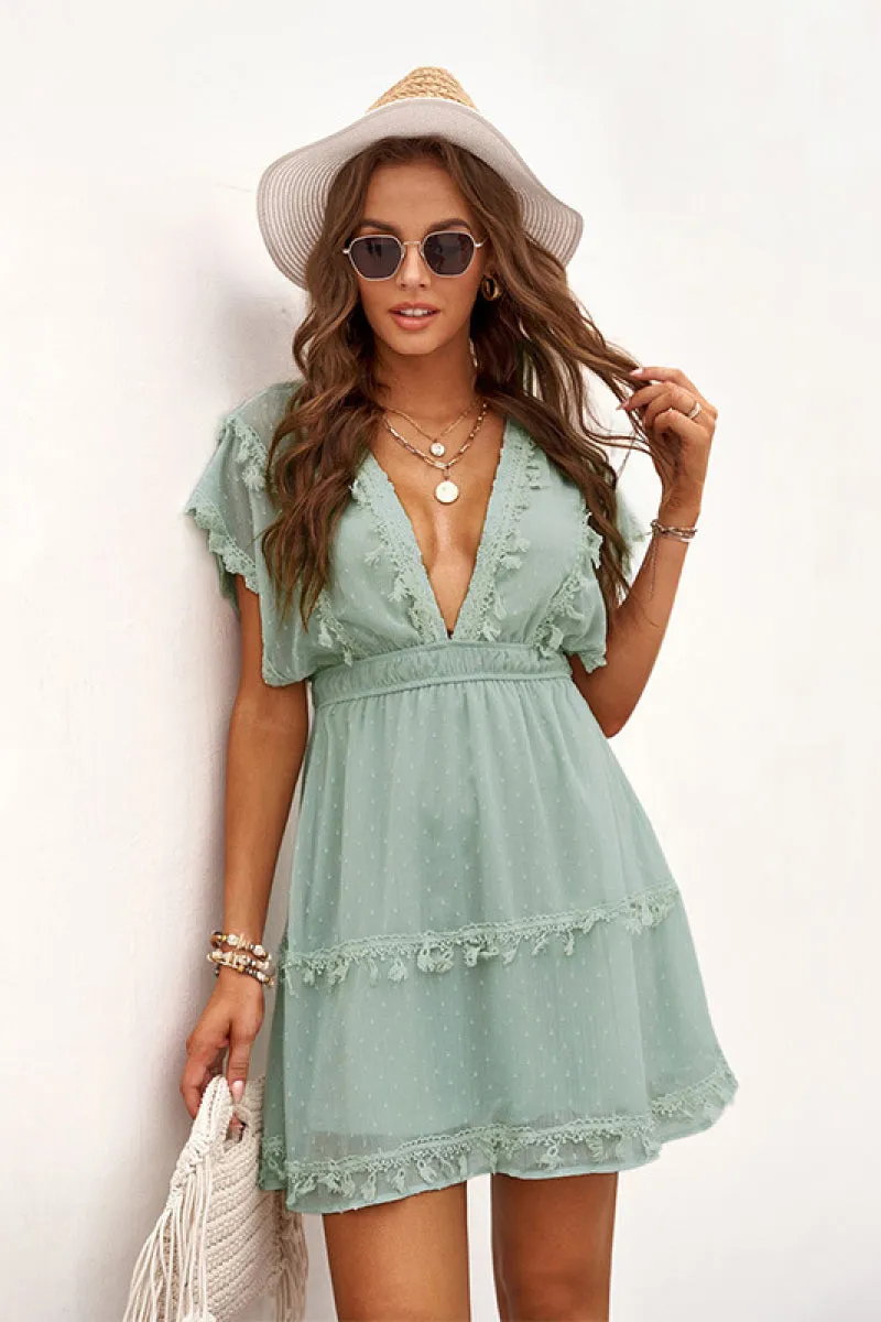 Deep V-Neck Tassels Lace Dress