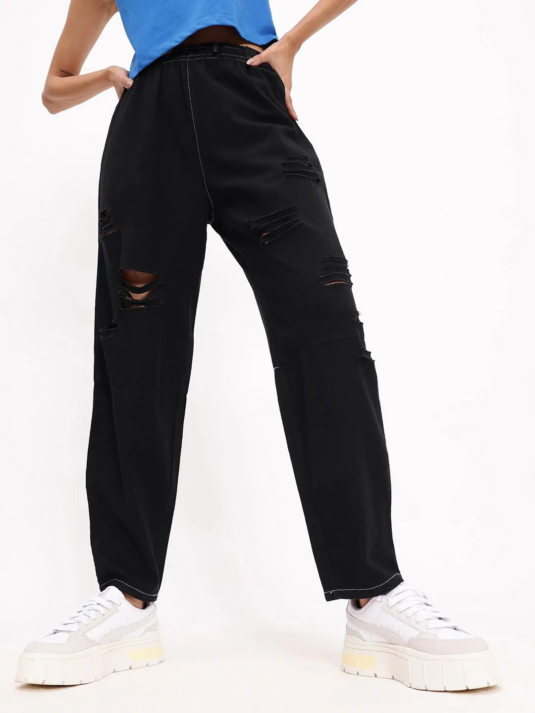 DressBerry Women Lived-In Charm Distressed Pure Cotton Slouchy Fit Jeans