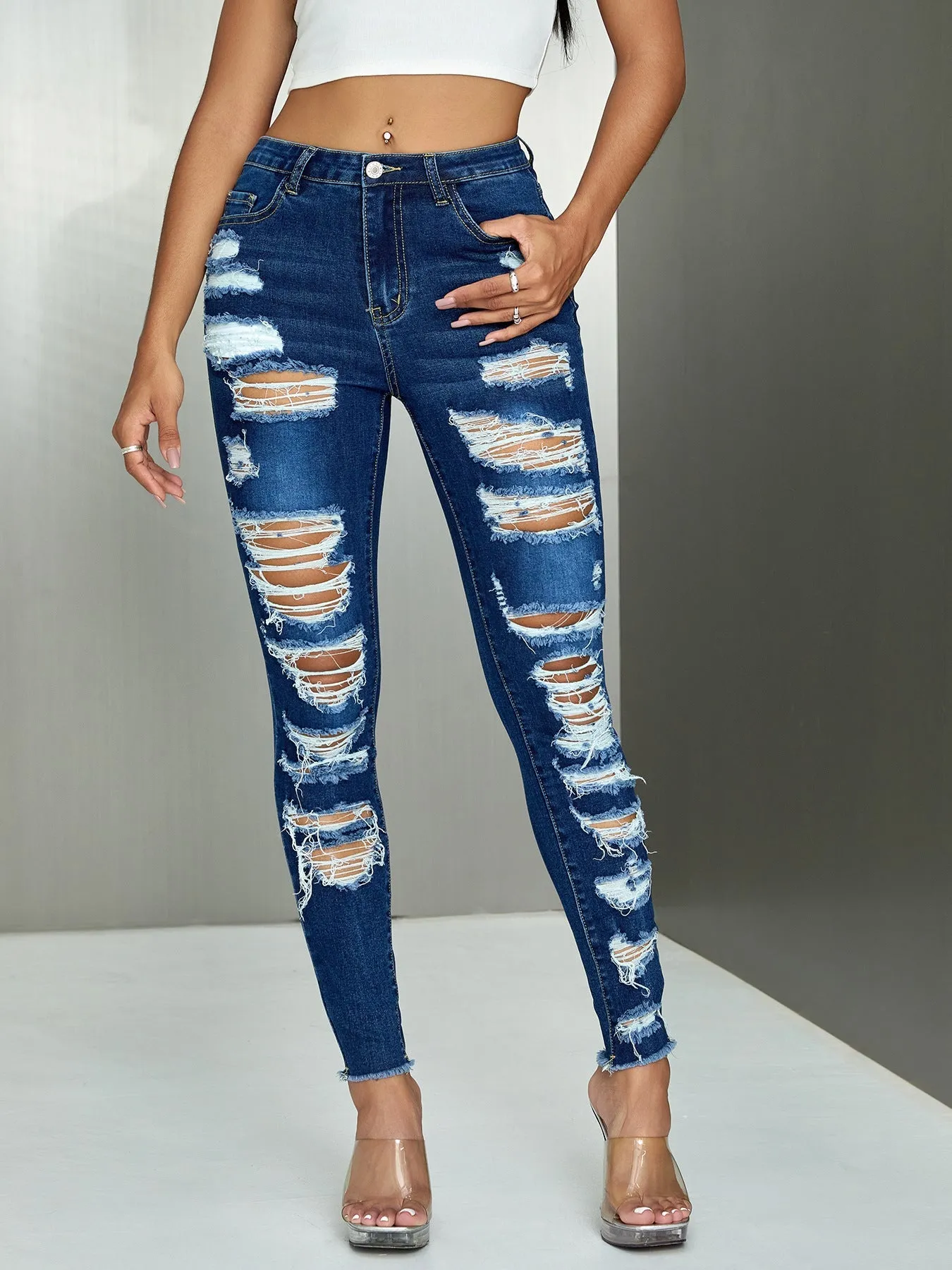 Edgy High-Waisted Multi-Ripped Stretch Skinny Denim Jeans