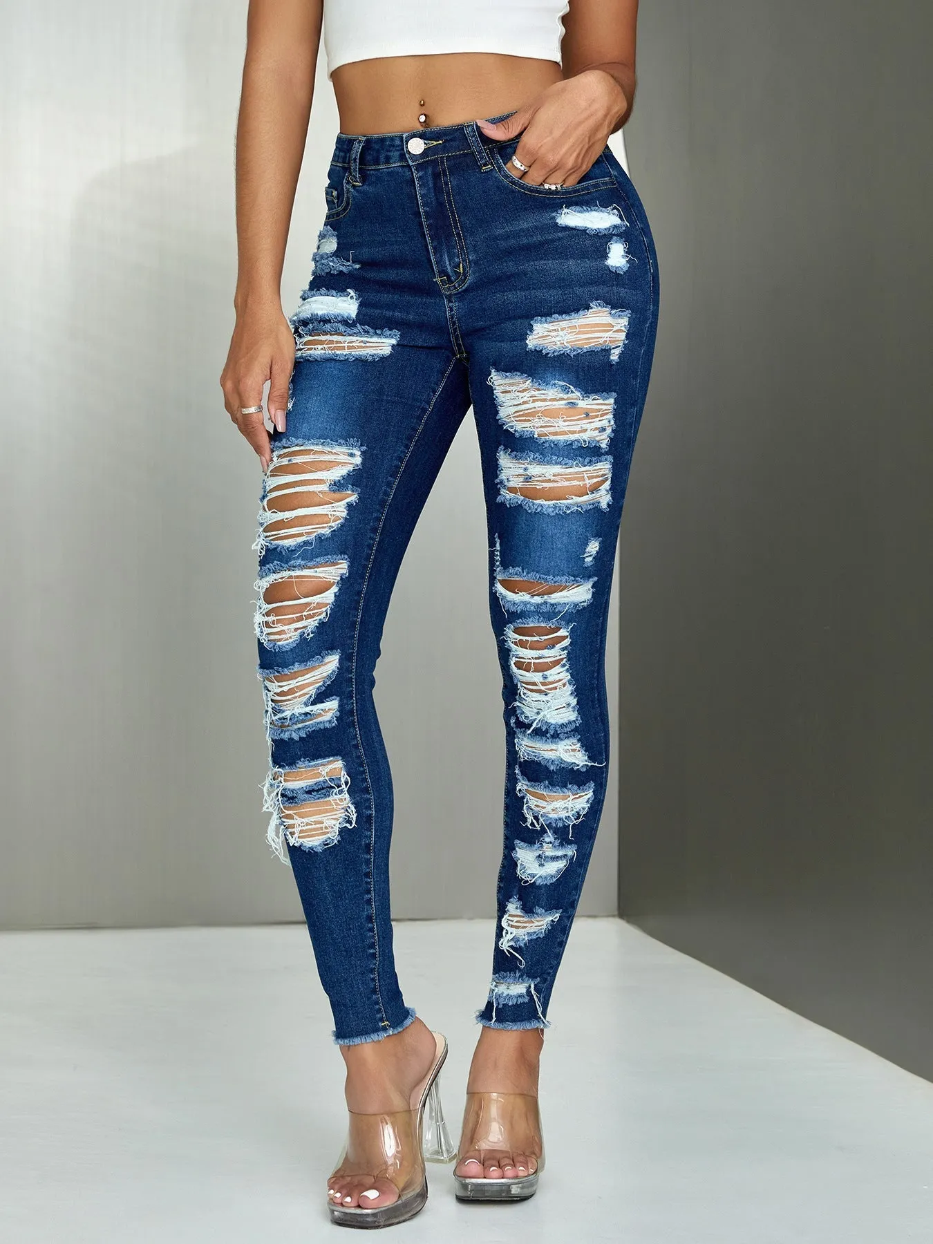 Edgy High-Waisted Multi-Ripped Stretch Skinny Denim Jeans