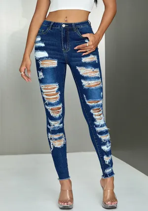 Edgy High-Waisted Multi-Ripped Stretch Skinny Denim Jeans