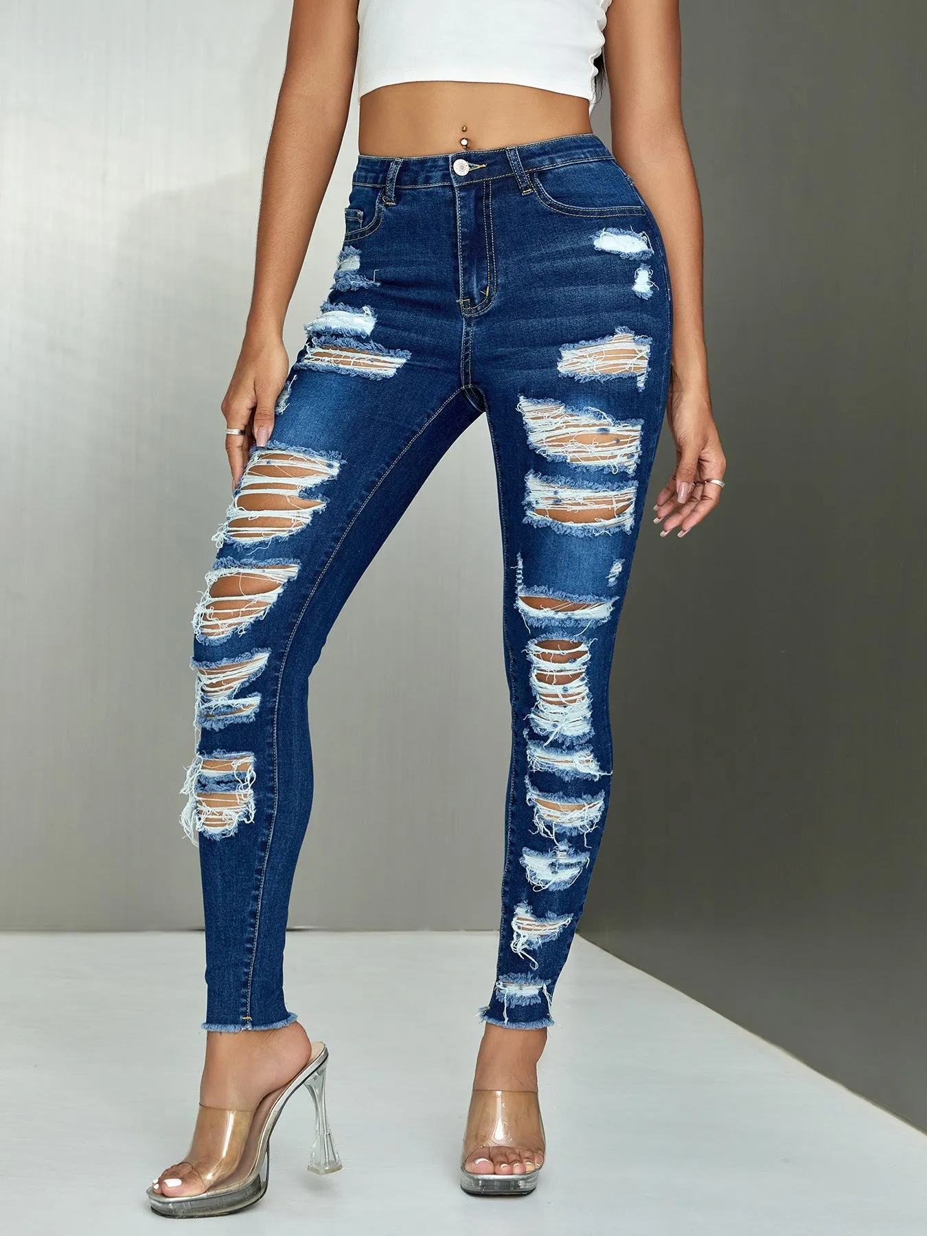 Edgy High-Waisted Multi-Ripped Stretch Skinny Denim Jeans