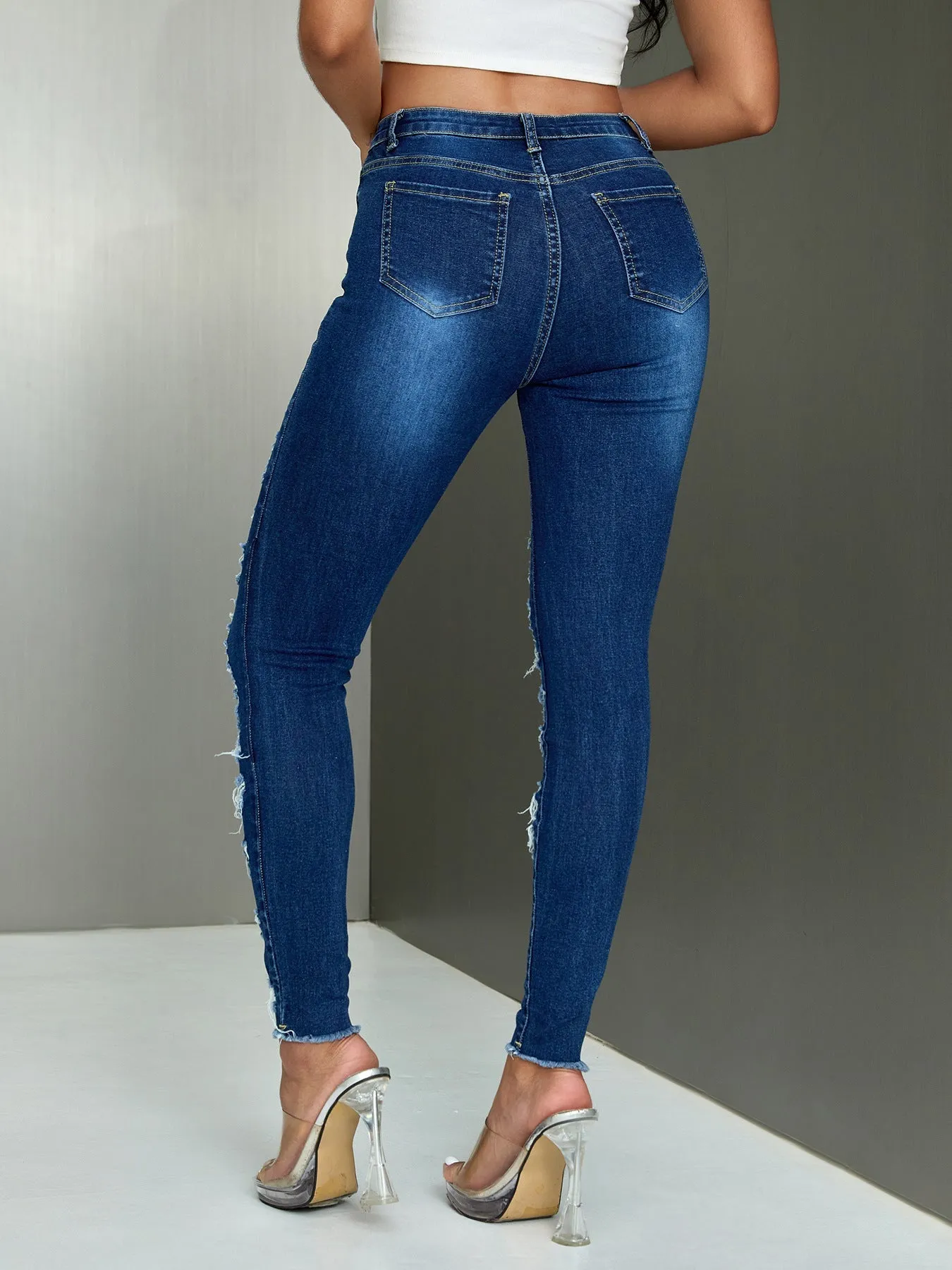 Edgy High-Waisted Multi-Ripped Stretch Skinny Denim Jeans