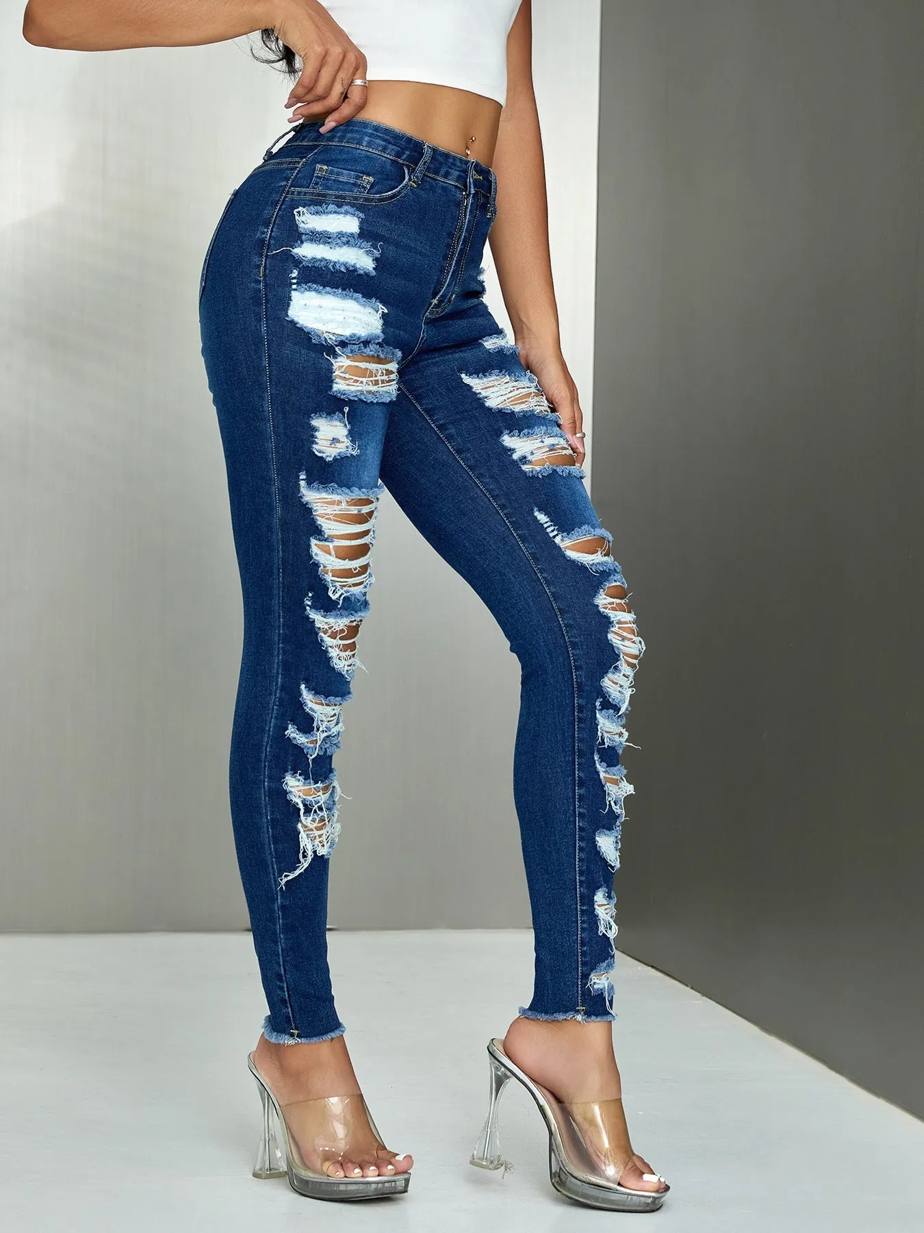 Edgy High-Waisted Multi-Ripped Stretch Skinny Denim Jeans