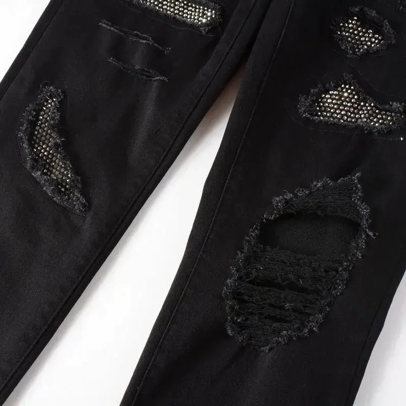 Elastic Slim Fit Destroyed Ripped Jeans