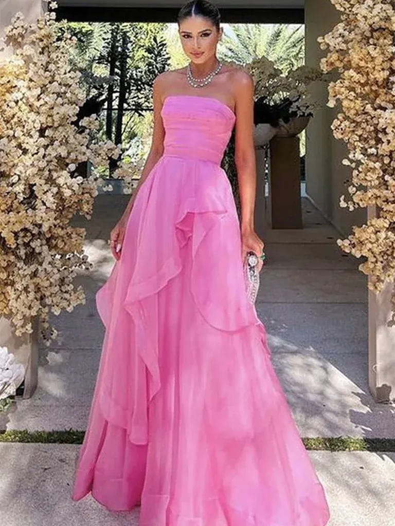 Elegant Strapless Layered Pink Prom Long Dresses, Strapless Pink Formal Graduation Evening Dresses