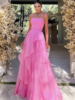Elegant Strapless Layered Pink Prom Long Dresses, Strapless Pink Formal Graduation Evening Dresses